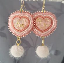 Load image into Gallery viewer, Pink Pom Pom Heart Beaded Earrings
