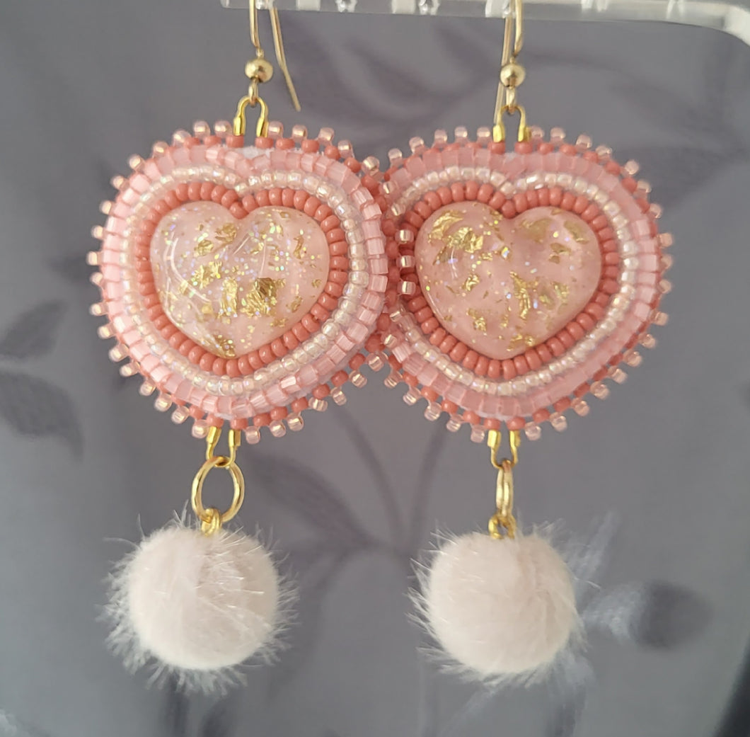 Pink Pom Pom Heart Beaded Earrings