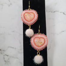 Load image into Gallery viewer, Pink Pom Pom Heart Beaded Earrings
