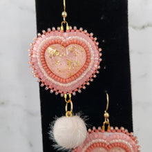 Load image into Gallery viewer, Pink Pom Pom Heart Beaded Earrings
