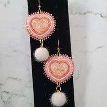 Load image into Gallery viewer, Pink Pom Pom Heart Beaded Earrings
