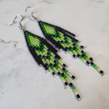 Load image into Gallery viewer, Green and Black Fringe Beaded Earrings
