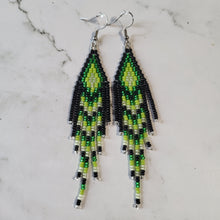 Load image into Gallery viewer, Green and Black Fringe Beaded Earrings
