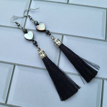 Load image into Gallery viewer, Abalone Heart Beads with Black Tassel Earrings
