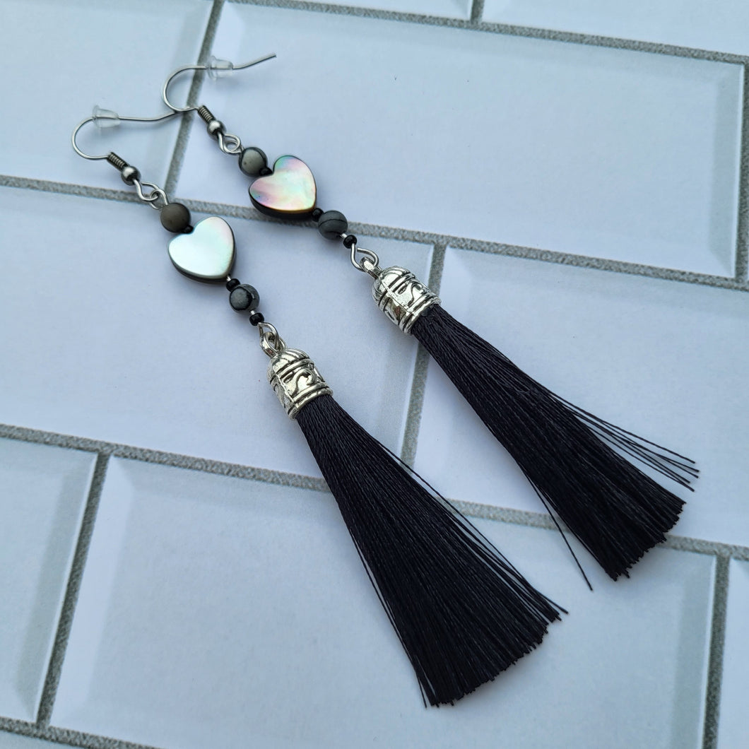 Abalone Heart Beads with Black Tassel Earrings