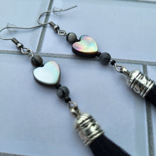 Load image into Gallery viewer, Abalone Heart Beads with Black Tassel Earrings
