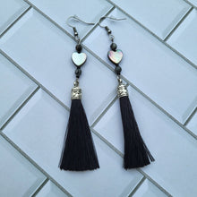 Load image into Gallery viewer, Abalone Heart Beads with Black Tassel Earrings
