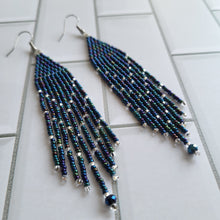 Load image into Gallery viewer, Midnight Iridescent Brickstitch Beaded Fringe Earrings
