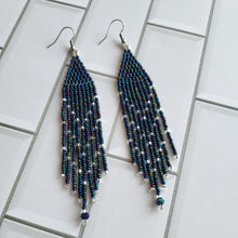 Load image into Gallery viewer, Midnight Iridescent Brickstitch Beaded Fringe Earrings
