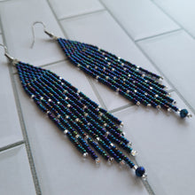 Load image into Gallery viewer, Midnight Iridescent Brickstitch Beaded Fringe Earrings
