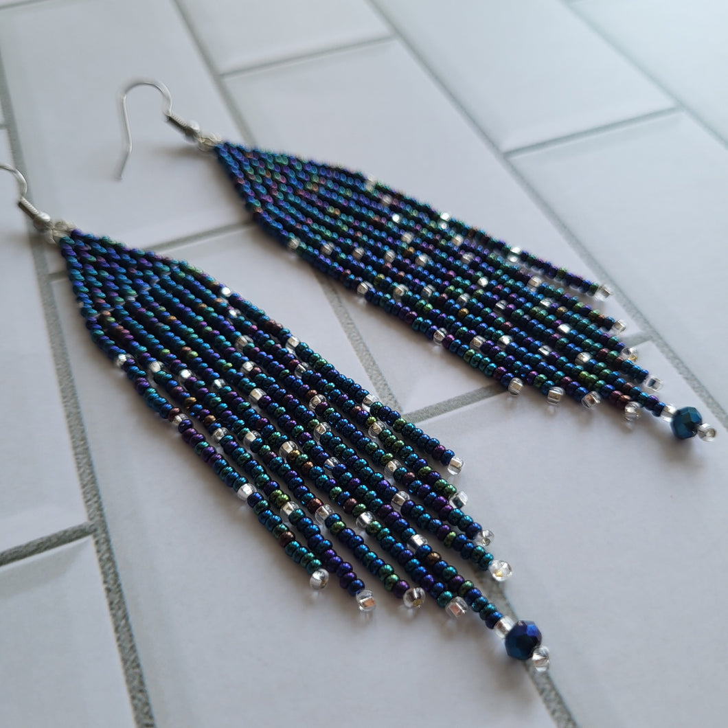 Midnight Iridescent Brickstitch Beaded Fringe Earrings