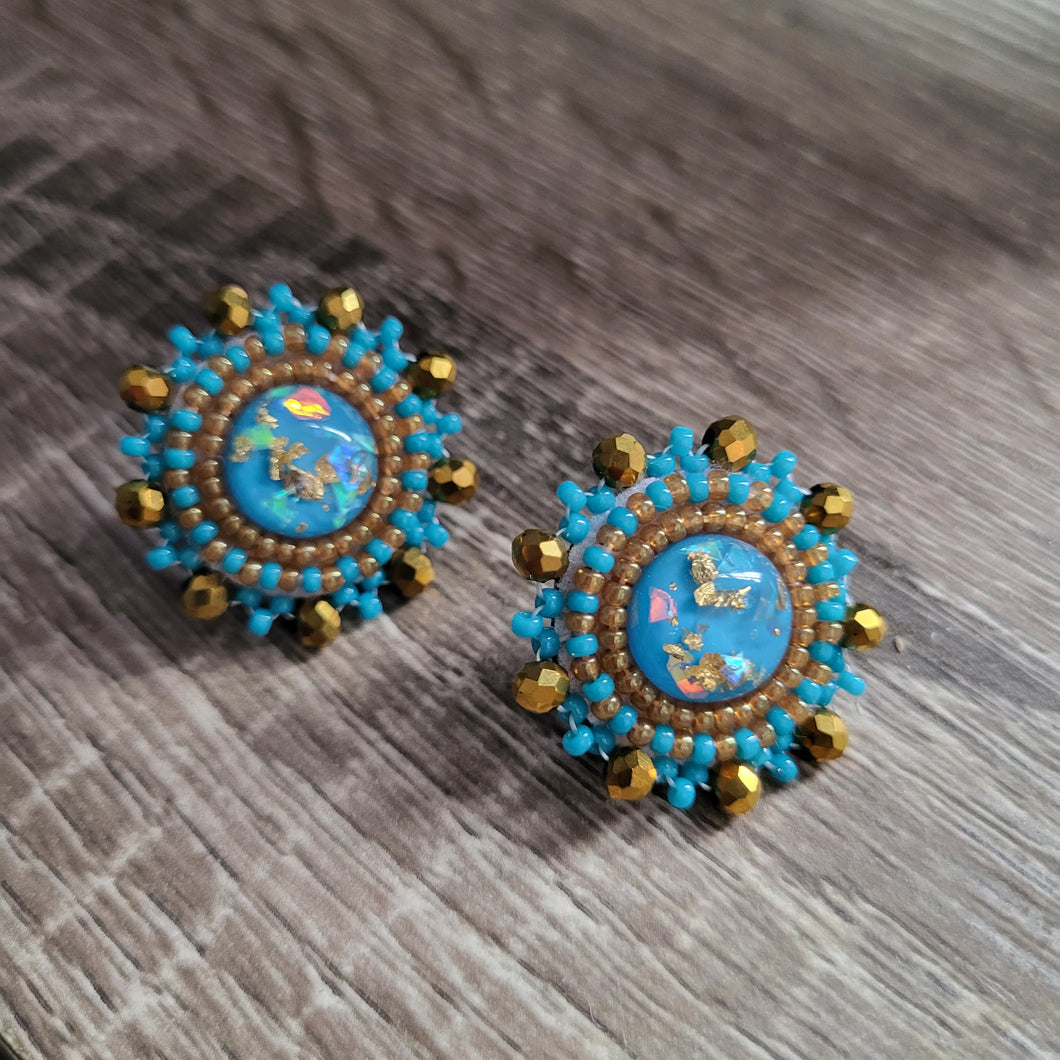 Teal Gold Mini Beaded Stud Earrings